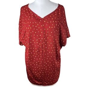 Rust Abstract Dot Print V-Neck Short Sleeve Relaxed Fit Blouse Top Womens XL